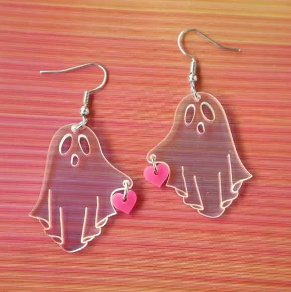 HALLOWEEN Luminous Acrylic Ghost Dangle Earrings w/ Pink Heart - Picture 2 of 11